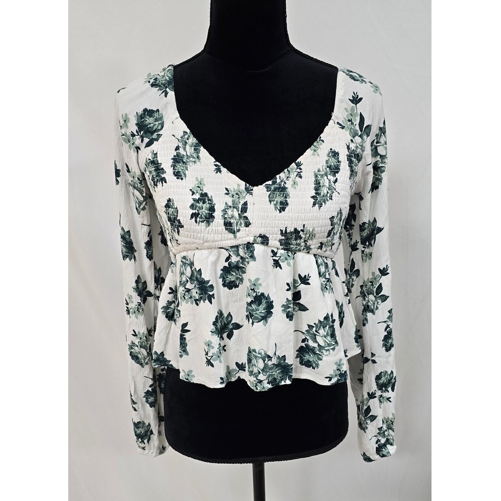 Hollister women M milkmaid top long sleeve smocked babydoll peplum coquette